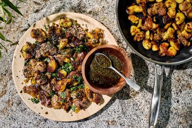 Crispy Smashed Potatoes with Chermoula in a HexClad 10" Pan