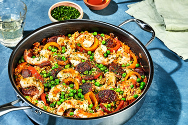 Couscous “Paella” with Shrimp, Peppers, and Sausage