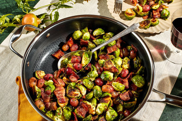 Crispy fall vegetables in a HexClad hybrid frying pan.