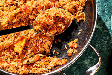 A close-up of a pot of Spanish rice.