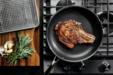 Steak cooked in the oven perfectly in a Hexclad 12 inch frying pan